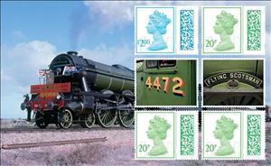 Booklet Pane, Flying Scotsman Locomotive, Centenary Booklet Pane 4, United Kingdom of Great Britain & Northern Ireland,  , Famous People, Heads of State, Locomotives, Queens, Railways, Royalty, Steam Traction