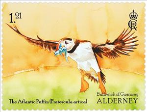 Stamp, Atlantic puffin (Fratercula arctica), Alderney,  , Puffins