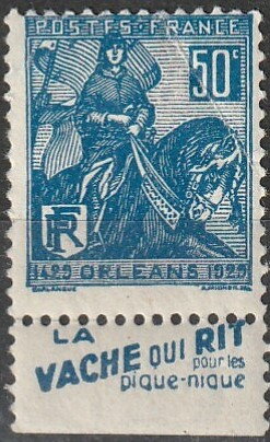 Stamp with Collectible Margin, Jeanne d'Arc with advertising banner, France,  , Heroes, Middle Ages