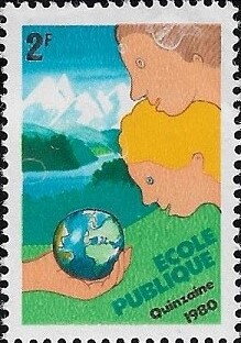 Stamp, World in hand, France,  , Children, Schools