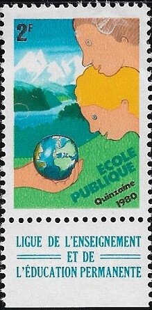 Stamp with Collectible Margin, World in hand, France,  , Children, Schools