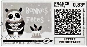 Stamp, Happy Christmas Panda Bonnes Fetes in black, France,  , Christmas, Pandas, Stylized Animals