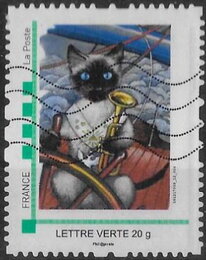 Painting of a Siamese cat with trumpet