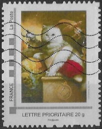 Stamp, Painting of white cat on a pedestal, France,  , Cats, Paintings