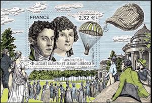 Souvenir Sheet, Jacques Garnerin and Jeanne Labrosse, Parachutists, France,  , Famous People, Изобретатели, Parachute Jumping, Women