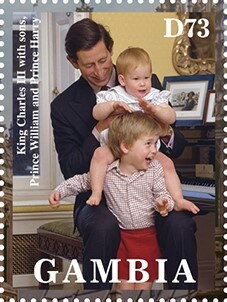 Stamp, King Charles III with sons, Prince William and Prince Harry, Gambia,  , Famous People, Heads of State, Kings, Princes, Royalty