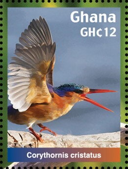 Stamp, Malachite Kingfisher (Corythornis cristatus), Ghana,  , Animals (Fauna), Birds, Kingfishers