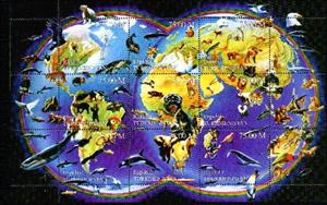 Mini Sheet, World Map; Animals, Turkmenistan,  , Animals (Fauna), Birds, Butterflies, Insects, Mammals