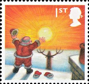 Stamp, Father Christmas by sun rising., United Kingdom of Great Britain & Northern Ireland,  , Christmas