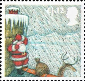 Stamp, Father Christmas sheltering behind Chimney., United Kingdom of Great Britain & Northern Ireland,  , Christmas
