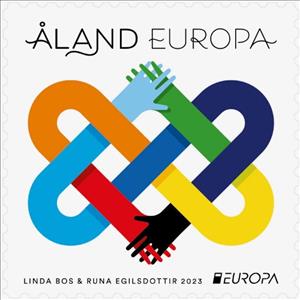 Stamp, Interlocked Hands, Åland Islands,  , C.E.P.T. / Europe, Hands, Stylized Figures / Persons, Symbols