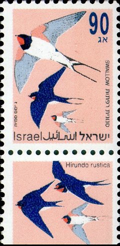 Stamp with Collectible Margin, Barn Swallow (Hirundo rustica), Israel,  , Animals (Fauna), Birds
