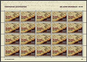 Full Pane, 2nd Centenary of Land Register, Liechtenstein,  , Anniversaries and Jubilees
