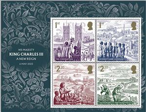 Souvenir Sheet, King Charles III : A New Reign, United Kingdom of Great Britain & Northern Ireland,  , British Commonwealth, Churches - Cathedrals - Basilicas - Chapels, Crowns and Coronets, Environment Protection, Kings, Townscapes / City Views