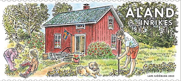 Stamp, Summer cottages, Åland Islands,  , Gardens, Houses, People, Trees