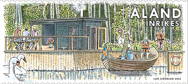 Stamp, Summer cottages, Åland Islands,  , Fishery, Houses, People, Rowing Boats, Swans, Trees