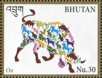 Stamp, Ox, Bhutan,  , Animals (Fauna), Bulls and Cows, Chinese New Year, Chinese Zodiac, Mammals, Stylized Animals