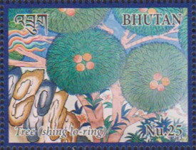 Stamp, Tree, Bhutan,  , Paintings, Traditions, Trees