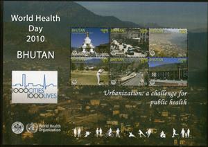 Mini Sheet, World Health Day, Bhutan,  , Golf, Monuments, Roads, Townscapes / City Views