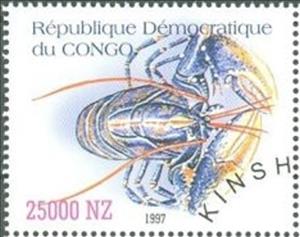 Stamp, Shellfish, Congo, Democratic Republic (Kinshasa),  , Crustaceans, Sea Life, Shells