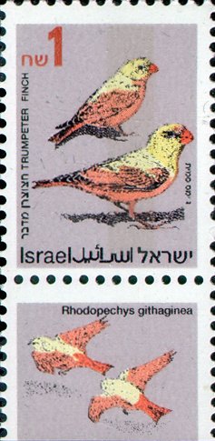 Stamp with Collectible Margin, Trumpeter Finch (Rhodopechys githaginea), Israel,  , Animals (Fauna), Birds