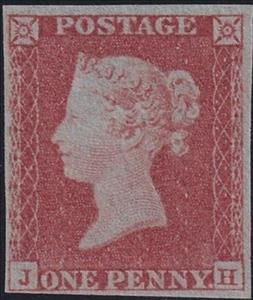 Stamp, Lake Red 1d Imperforate, United Kingdom of Great Britain & Northern Ireland,  , Crowns and Coronets, Famous People, Heads of State, Queens, Royalty, Women
