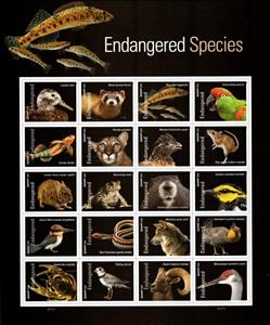 Mini Sheet, Endangered Species, United States of America,  , Animals (Fauna), Birds, Cougars, Fishes, Kingfishers, Mice, Parrots, Sheep