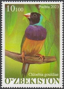 Stamp, Gouldian Finch (Chloebia gouldiae), Uzbekistan,  , Birds