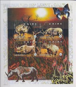 Mini Sheet, African Fauna Rhinoceroses (Diceros Bicornis), Zaire,  , Animals (Fauna), Rhinoceroses, Scouting