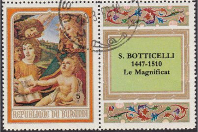 Stamp with Attached Label, "Le Magnificat", S.Botticelli, XVc., Burundi,  , Art, Christmas, Paintings, Religion