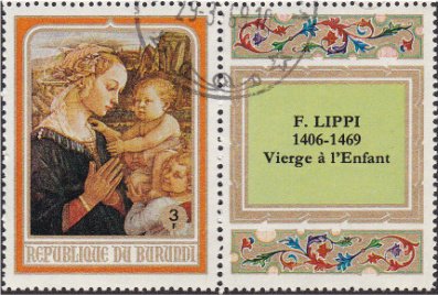 Stamp with Attached Label, "Vierge a L'Enfant", F.Lippi, XVc., Burundi,  , Art, Christmas, Religion