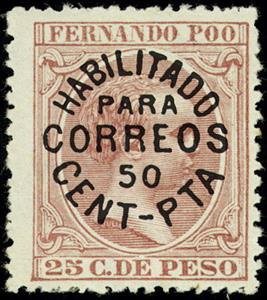 Stamp, Alfonso XIII overprinted by BLUE 50C, Fernando Poo,  , Famous People, Heads of State, Kings, Royalty