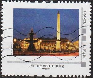 Stamp, Place de la Concorde. Fountain and Luxor Obelisk at night, France,  , Fountains, Night Views, Obelisks, Tourism, Townscapes / City Views