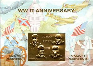 Souvenir Sheet, WW II Anniversary, Guyana,  , Aircraft, Astronauts, Aviation, First World War, Outer Space, Second World War, Spacecrafts