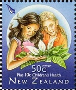 Stamp, Health - Girls & Peace Lily 50c + 10c, New Zealand,  , Children, Flowers, Lilies (Flower), Plants (Flora)
