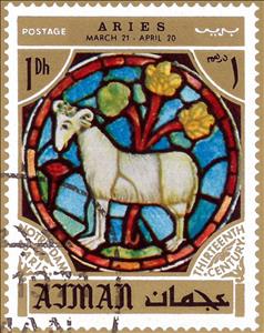 Stamp, Aries, Zodiac sign in the Notre Dame Cathedral, Paris, Ajman,  , Astronauts, Famous People, Stained-glass, Zodiac