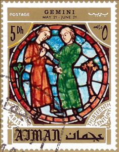 Stamp, Gemini, Zodiac sign in the Notre Dame Cathedral, Paris, Ajman,  , Famous People, Heads of State, Politicians, Stained-glass, Zodiac