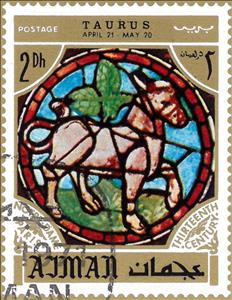 Stamp, Taurus, Zodiac sign in the Notre Dame Cathedral, Paris, Ajman,  , Famous People, Stained-glass, Zodiac