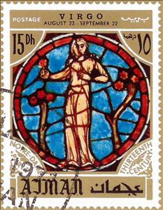 Stamp, Virgo, Zodiac sign in the Notre Dame Cathedral, Paris, Ajman,  , Famous People, Olympic Games, Stained-glass, Zodiac