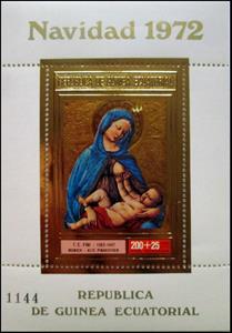 Souvenir Sheet, Madonna dell'umiltà by T.C. Fini, Equatorial Guinea,  , Art, Children, Christmas, Paintings, Religion, Women