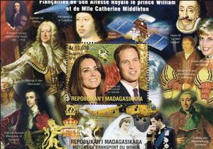 Souvenir Sheet, Royal Engagement of Prince William and Catherine Middleton, Madagascar,  , Anniversaries and Jubilees, Commemoration, Princes, Royalty