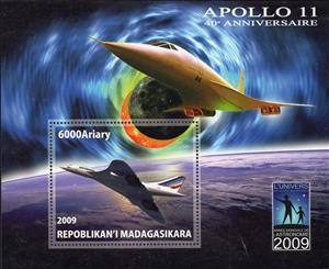 Souvenir Sheet, Year of Astronomy Apollo 11 40th Anniversary Concorde, Madagascar,  , Aircraft, Anniversaries and Jubilees, Astronomy, Outer Space, Spacecrafts