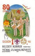 Stamp, Europa (C.E.P.T.) 2007 - Scouting, Northern Cyprus,  , Anniversaries and Jubilees, C.E.P.T. / Europe, Commemoration, Fire and Flames, Headgear, Scouting, Seals (Emblems), Uniforms