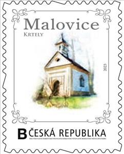 Stamp, Malovice. Krtely, Personalized and Private Mail Stamps,  , Churches - Cathedrals - Basilicas - Chapels, Townscapes / City Views
