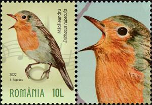 Stamp with Attached Label, European Robin (Erithacus rubecula), Romania,  , Animals (Fauna), Birds, Music