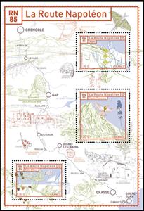Souvenir Sheet, RN 85 : The Road of Napoleon, France,  , Birds, Maps, Mountains, Olives, Roads, Ships