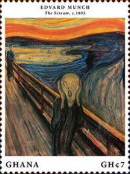 Stamp, 150th Anniversary of the Birth of Edvard Munch, Ghana,  , Famous People, Painters, Paintings
