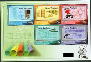 Souvenir Sheet, Clever Kiwis Limited Edition S/S, New Zealand,  , Food, Inventions, Motorboats, Weapons