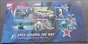 Souvenir Sheet, Leading The Way, Millennium Collection, New Zealand,  , Aircraft, Elections, Environment Protection, Motorboats, Mountain Climbing, Mountains, Nobel Laureates, Warships