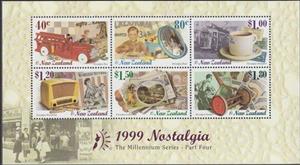 Souvenir Sheet, Nostalgia, Millennium Collection, New Zealand,  , Banknotes, Coffee, Food, Gardens, Radio, Stamps, Toys, Trams